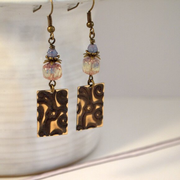 Brass Hand Embossed Earrings Czech Glass Earrings Hand Patina Brass Earrings - Picture 10 of 11